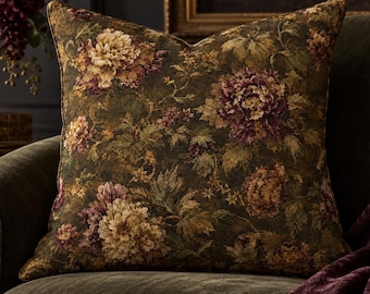 Moody Floral Pillow Cover,Tobacco Peony, Dark Olive & Plum, Vintage Tapestry Style, 18 24 Inch