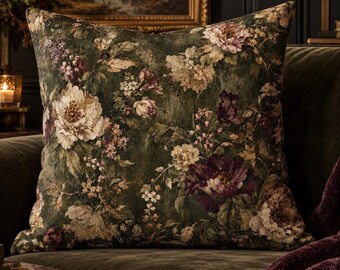 Dark Olive Floral Pillow Cover, Moody Plum Botanical Throw Pillow, 18 20 24 Inch