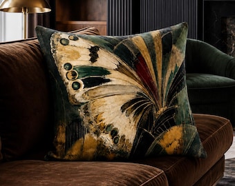 Throw Pillow Cover, Art Deco Moth Wing Accent, Dark Green and Oxblood, Housewarming Gift