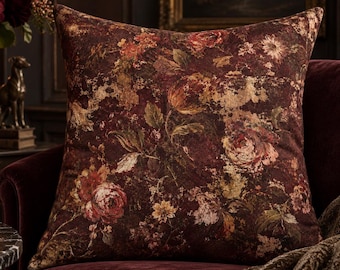 Burgundy Floral Pillow Cover, Moody Botanical Throw Pillow, Vintage Tapestry Style, Burnt Rose Fresco