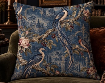 Blue Bird Pillow Cover, Indigo Aviary Chinoiserie Botanical Print, Vintage Inspired Grandmillennial Decor