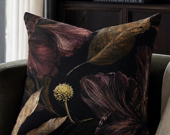 Moody Floral Throw Pillow Cover, Black Plum Botanical Cushion Cover, Spun Polyester
