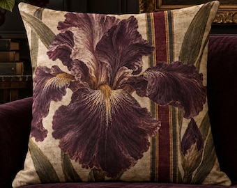 Burgundy Iris Floral Pillow Cover, Vintage Botanical Throw Pillow, Moody Plum Decor, Spun Polyester