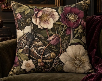Dark Botanical Moth Pillow Cover, Moody Hellebore Floral Throw Pillow, Olive Burgundy Designer Decor