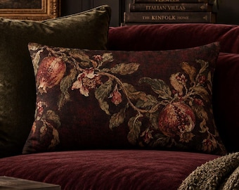 Burgundy Pomegranate Lumbar Pillow, 20x14 Vintage Botanical Rectangular Accent Pillow, Spun Polyester, Insert Included