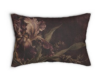 Moody Floral Lumbar Pillow with Insert, 20x14 Aubergine Vintage Botanical Accent
