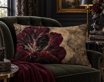 Dark Burgundy Floral Lumbar Pillow, Black Cherry Botanical Throw Pillow, 20x14 Rectangular Accent Pillow, Insert Included