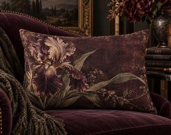 Moody Floral Lumbar Pillow with Insert, 20x14 Aubergine Vintage Botanical Accent