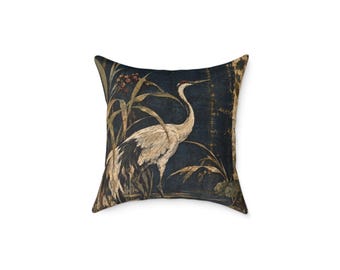 Indigo Crane Pillow with Insert, Dark Blue Japanese Inspired Bird Accent Pillow, Spun Polyester