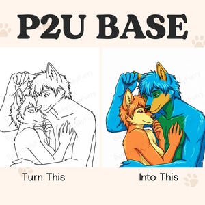May include: An image showing a P2U base with two furry characters. The left side is a black and white line drawing, and the right side is a colored illustration of the same characters. The text "P2U BASE" is at the top.