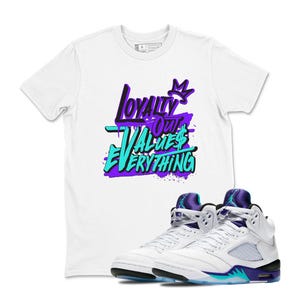 Tee Shirt Matching AJ 5 Grape 2025 To Match Sneaker LOYALTY T-Shirt, Sneaker Label Jordan 5 Grape White