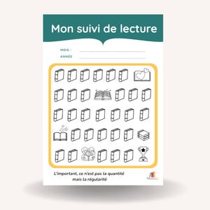 Puede incluir: Un rastreador de lectura blanco con un encabezado verde azulado que dice "Mon suivi de lecture". El rastreador tiene un borde amarillo con iconos de libros y el texto "L'important, ce n'est pas la quantité mais la régularité".
