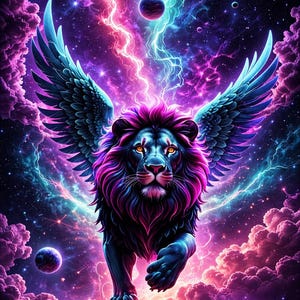 Könnte beinhalten: Digitales Kunstbild eines geflügelten Löwen in einer kosmischen Szene. Der Löwe hat einen dunkelblauen Körper, eine rosa und lila Mähne und blaue Flügel. Der Hintergrund zeigt wirbelnde Wolken, Planeten und Blitze in Lila-, Rosa- und Blautönen.