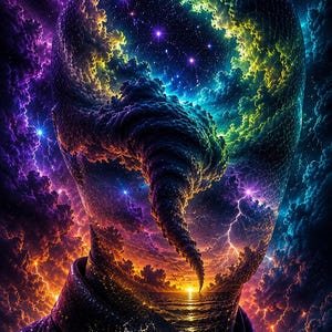 Könnte beinhalten: Digitales Kunstwerk, das einen menschlichen Kopf mit einer lebendigen kosmischen Szene zeigt. Die Konturen des Kopfes sind erkennbar, mit einem Wirbelsturm aus Wolken, Sternen und Blitzen. Die Farbpalette umfasst Blau-, Lila-, Orange- und Gelbtöne.