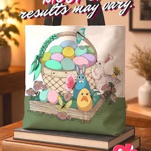 Peut inclure: Un sac fourre-tout blanc avec une illustration de Pâques colorée représentant un panier d'œufs, des lapins et des papillons. Le sac est posé sur des livres. Le texte sur le sac indique "AI-GENERATED MOCKUP results may vary."