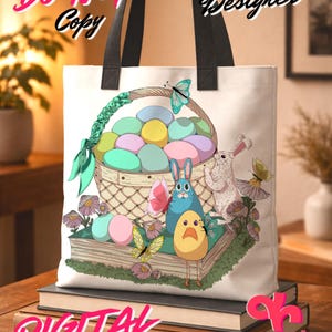 Peut inclure: Sac fourre-tout blanc avec des poignées noires. Il présente une illustration sur le thème de Pâques avec un panier d'œufs, des papillons et des personnages de dessins animés. Le texte sur le sac indique "DO NOT Copy" et "ORIGINAL Designer". Le texte "DIGITAL Product" est également visible.
