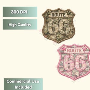 May include: Two Route 66 shield designs. One is in shades of green and brown camouflage with the text "ROUTE 66". The other is pink camouflage with the same text. The image also includes text that says "300 DPI", "High Quality", and "Commercial Use Included".