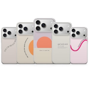 Könnte beinhalten: Fünf Handyhüllen mit inspirierenden Zitaten und minimalistischen Designs. Die Hüllen haben eine Vielzahl von Farben, darunter Beige, Orange und Rosa. Jede Hülle hat ein anderes Zitat, wie "You can and you will" und "Today is a good day."