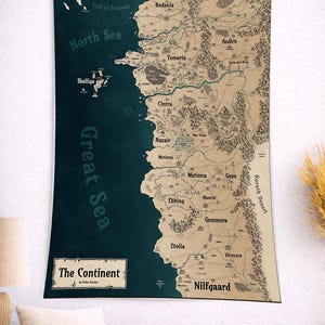 May include: A large tapestry featuring a detailed map of a fictional continent. The map is in shades of tan and brown, with dark blue oceans and seas. The text "The Continent" is displayed at the bottom, with various place names.