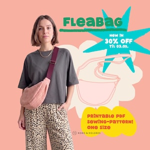 Puede incluir: Una mujer con una camiseta gris y pantalones con estampado de leopardo, con una riñonera de pana rosa. La imagen incluye el texto "FLEABAG", "NEW IN 30% OFF TIL 03.05." y "PRINTABLE PDF SEWING-PATTERN! ONE SIZE".