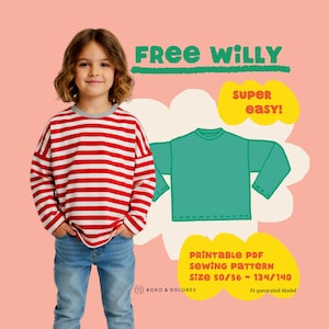 Schnittmuster Kindershirt Free Willy | Gr. 50-140 | Oversize Shirt nähen | PDF Ebook Langarmshirt | A4 & US Letter