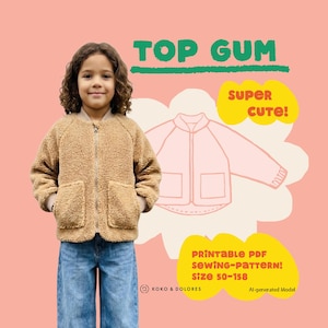 May include: A tan, long-sleeved, zip-up fleece jacket with two front pockets. The image includes text reading TOP GUM, SUPER CUTE!, and PRINTABLE PDF SEWING-PATTERN! size 50-158, alongside a line drawing of the jacket design on a peach background.