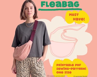 May include: A printable PDF sewing pattern for a crescent-shaped crossbody bag titled Fleabag. The graphic includes the text Must Have, Printable PDF Sewing-Pattern! One Size, and Koko & Dolores, featuring a pink corduroy bag illustration.