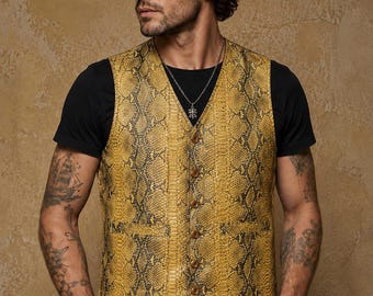 Leren herenbodywarmer met slangenleer, western exotisch gilet