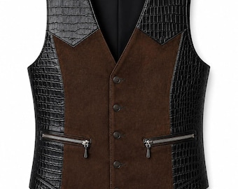 Bruin suède krokodillenleren herenvest met reliëf | Westerngilet