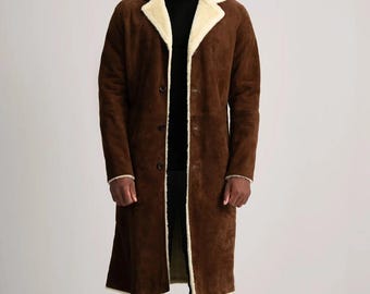 Lange winterjas heren schapenvacht bruin, zwart en vintage bruin schapenvacht