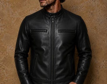Zwart leren herenjack, slim-fit caféracer-bikerjack