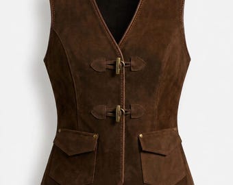 Bruin suède uniseks hemd, leren westerngilet voor heren en dames