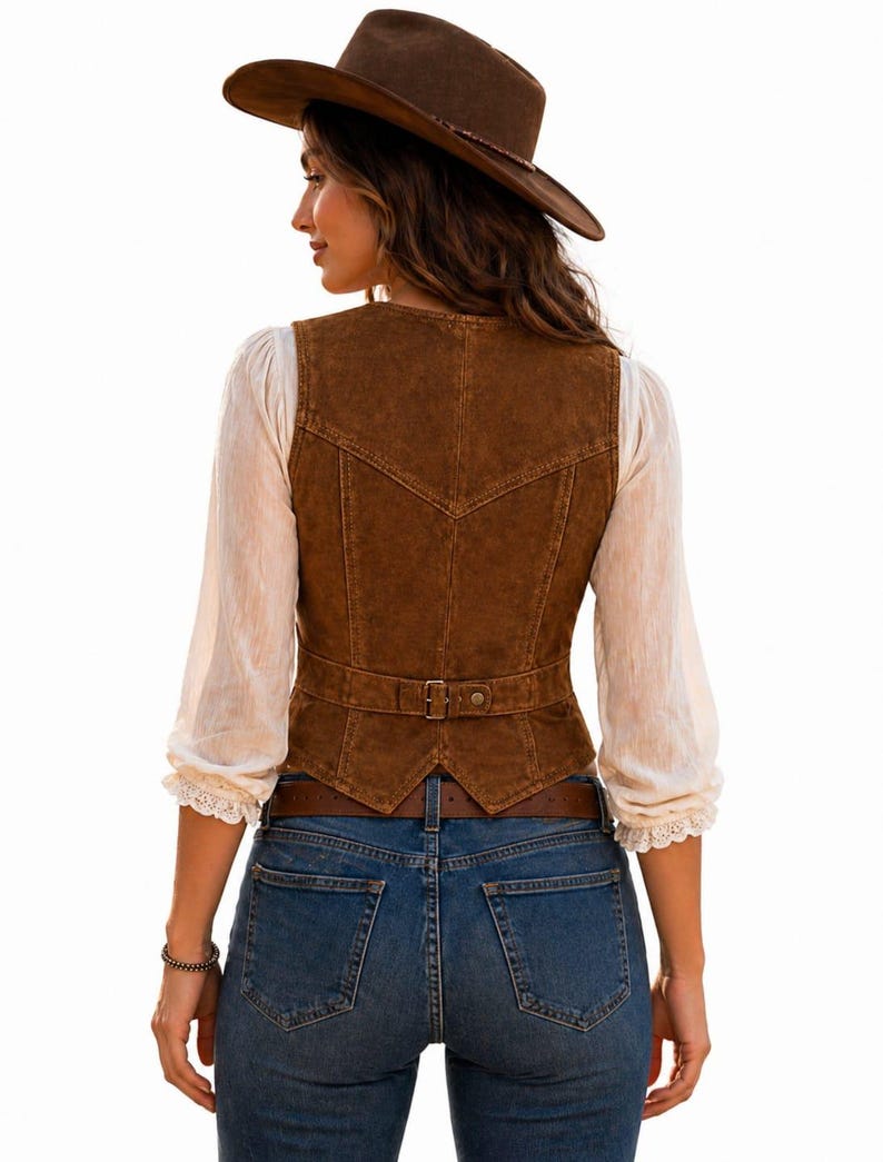 May include: A brown suede vest with a buckle belt, worn with a brown cowboy hat and blue jeans. The vest features a V-shaped design on the back. The outfit is completed with a white blouse with lace trim.