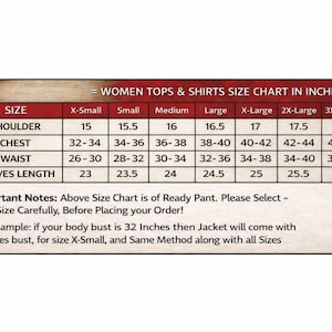 Może przedstawiać: Tabela rozmiar&oacute;w dla top&oacute;w i koszul z czerwonym nagł&oacute;wkiem WOMEN TOPS & SHIRTS SIZE CHART IN INCHES. Tabela zawiera wymiary ramion, klatki piersiowej, talii oraz długości rękaw&oacute;w dla rozmiar&oacute;w od X-Small do 3X-Large, podane w calach.