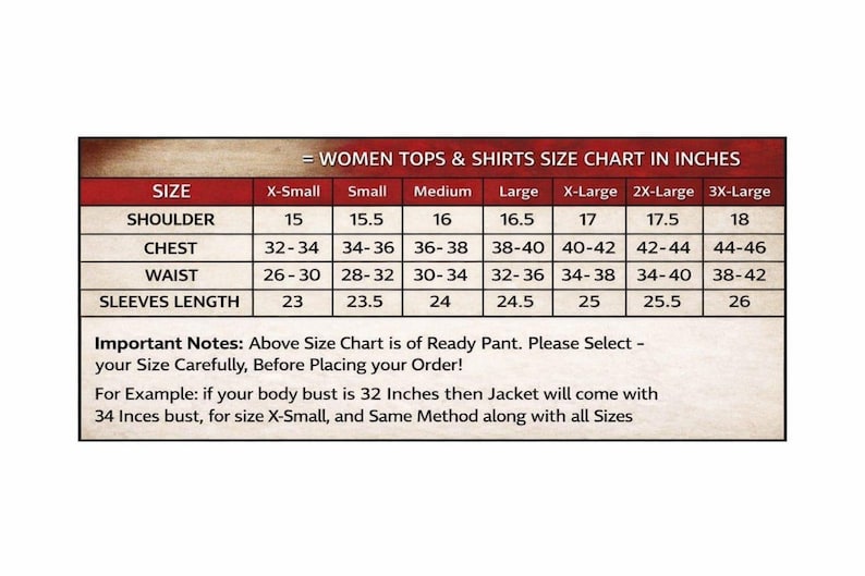 Może przedstawiać: Tabela rozmiar&oacute;w dla top&oacute;w i koszul z czerwonym nagł&oacute;wkiem WOMEN TOPS & SHIRTS SIZE CHART IN INCHES. Tabela zawiera wymiary ramion, klatki piersiowej, talii oraz długości rękaw&oacute;w dla rozmiar&oacute;w od X-Small do 3X-Large, podane w calach.