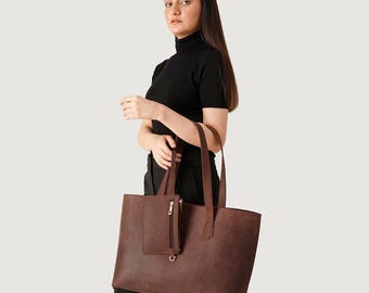 Vintage bruine leren draagtas voor dames | Echte leren schoudertas met zakje met rits