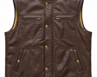 Bruin leren herenvest - met fleece gevoerd schapenvacht bikergilet