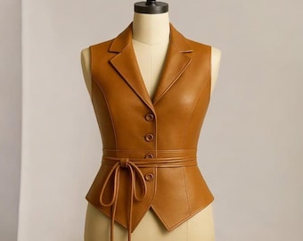 Handgemaakt lichtbruin leren vest - getailleerd blazergilet met riem
