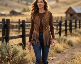 Suède leren damesvest met franje, western cowgirl boho rodeostijl