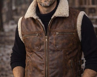 Colete masculino marrom de couro de carneiro, forrado com pele de vaca genuína, estilo motociclista e colete de inverno estilo western.