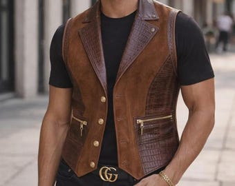 Vintage Brown Leather Vest | Crocodile Embossed Suede Waistcoat |  Handmade Style
