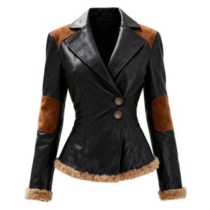 May include: A black blazer featuring brown suede shoulder patches and elbow patches. The jacket has a notched lapel, two front buttons, and a tan faux fur trim along the bottom hem and sleeve cuffs. The design includes a fitted waist silhouette.