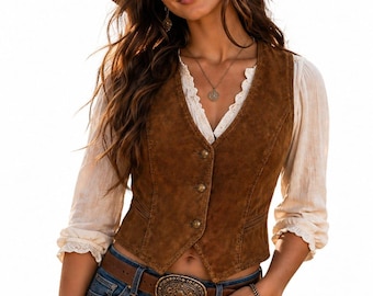 Chaleco vaquero de ante marrón para mujer – Chaleco vaquero vintage con botones delanteros