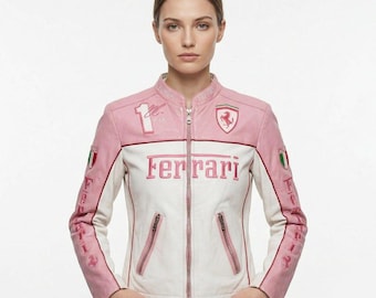 Roze leren Ferrari F1 Racing-jack, damesbikerjack