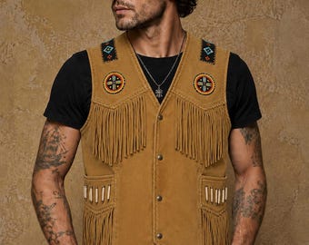 Native Style suède vest met franje, westernvest met kralen voor heren