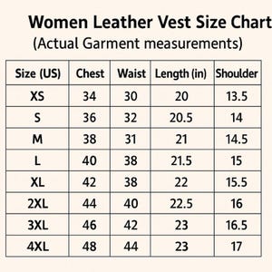 May include: A women's leather vest size chart showing garment measurements. Sizes range from XS to 4XL. Chest measurements are from 86 cm to 122 cm, waist from 76 cm to 112 cm, and lengths from 51 cm to 58 cm.