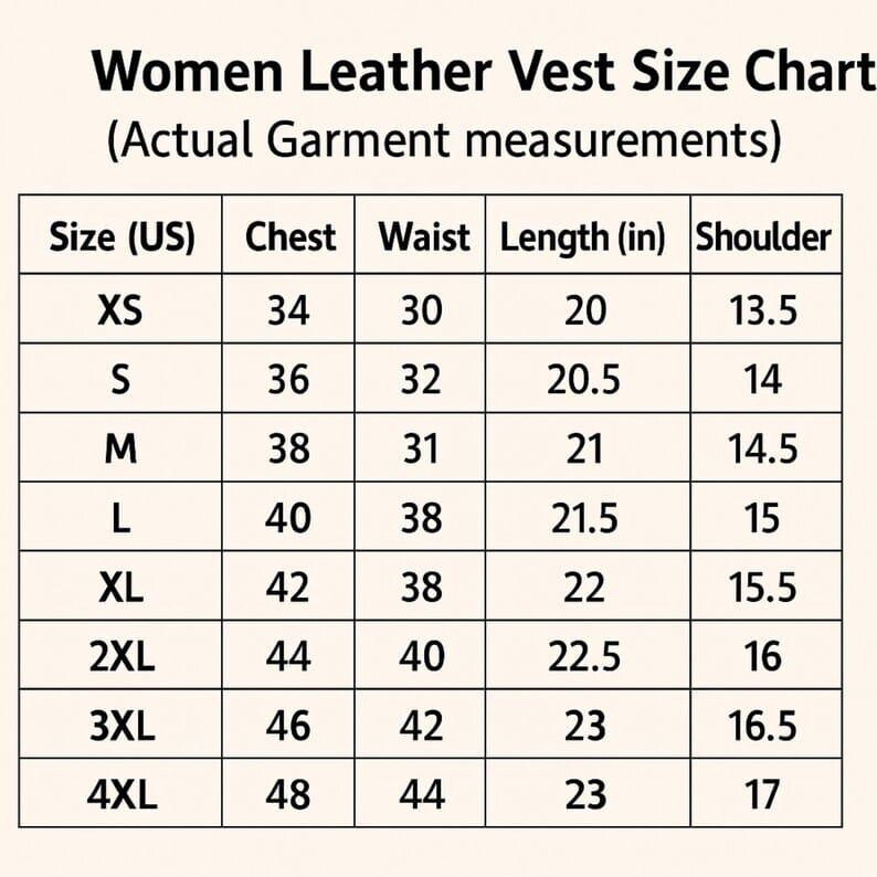 May include: A women's leather vest size chart showing garment measurements. Sizes range from XS to 4XL. Chest measurements are from 86 cm to 122 cm, waist from 76 cm to 112 cm, and lengths from 51 cm to 58 cm.