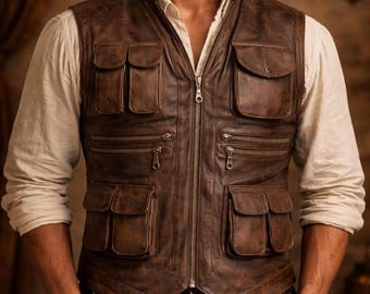 Colete masculino em couro bovino legítimo marrom – Colete utilitário com zíper e vários bolsos, estilo explorador vintage