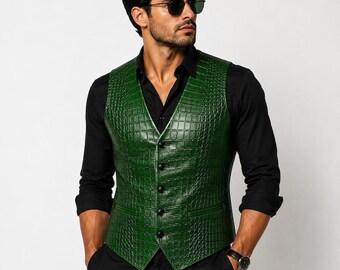 Leren herenvest, vest met krokodillenreliëf, zwart bruin groen, handgemaakt westernvest