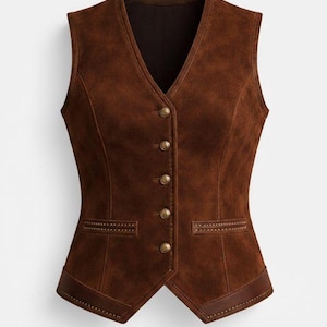 May include: A brown suede vest with a V-neck and a button-up front. The vest has two small pockets and decorative stitching. The edges are trimmed with a darker brown leather. The vest has a tailored fit.